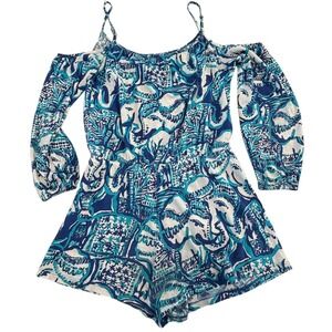 Lilly Pulitzer Girl's XL Blue White Keep On Trukin' Elephant Cotton Romper XL